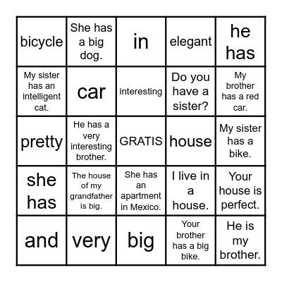 4th Grade- Family Vocabulary Bingo Card