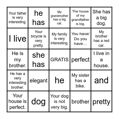 4th Grade- Family Vocabulary Bingo Card