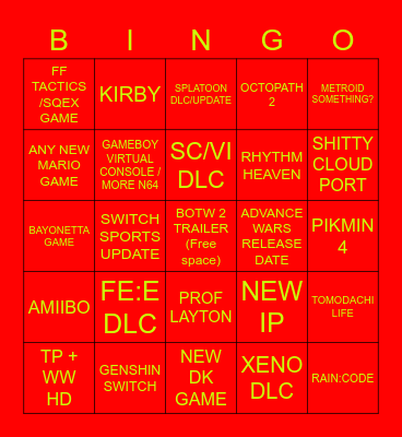 NINTENDO DIRECT FEB 2023 Bingo Card