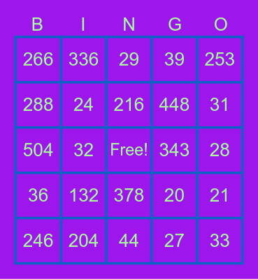 Multiplication and Division Bingo Card
