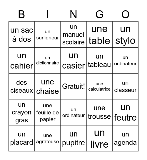 Les fournitures scolaires Bingo Card