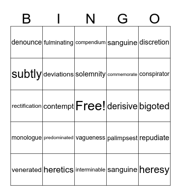 1984 vocabulary Bingo Card