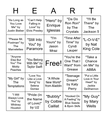 Love Song Bingo Card