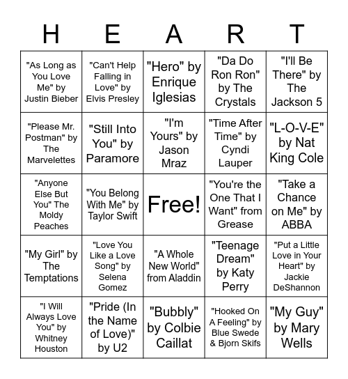 Love Song Bingo Card