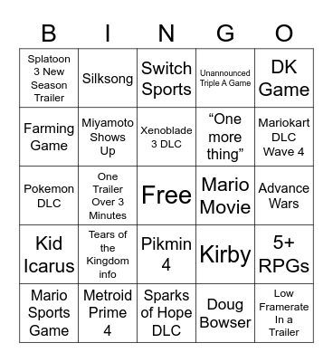 Nintendo Direct Bingo Card