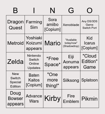 Zeralith's Nintendo Direct Feb 8 2023 Bingo Card