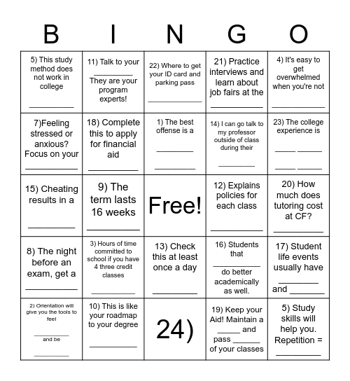 START SMART AT CF Bingo Card