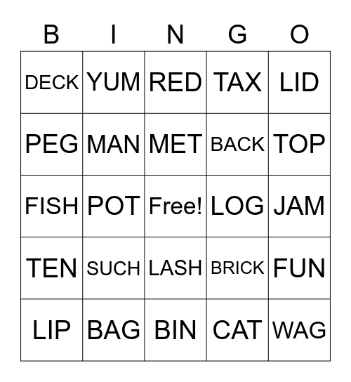CVC Rhyme Bingo Card