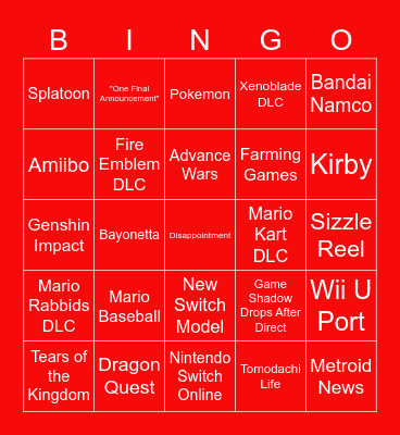 Nintendo Direct 2.8.2023 Bingo Card