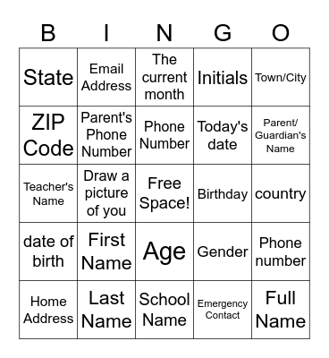 Personal Information Bingo Card