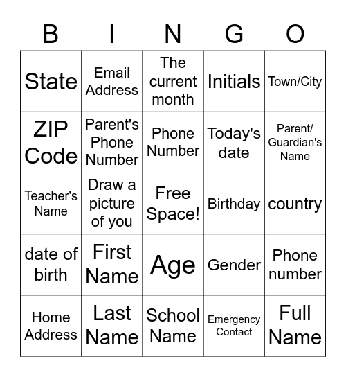 Personal Information Bingo Card