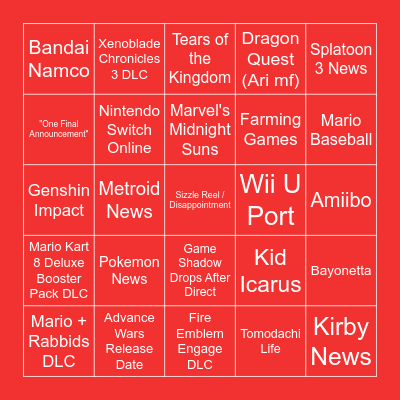 Nintendo Direct 2.8.2023 Bingo Card