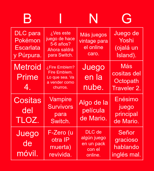 Nintendo Direct 8/2 Bingo Card