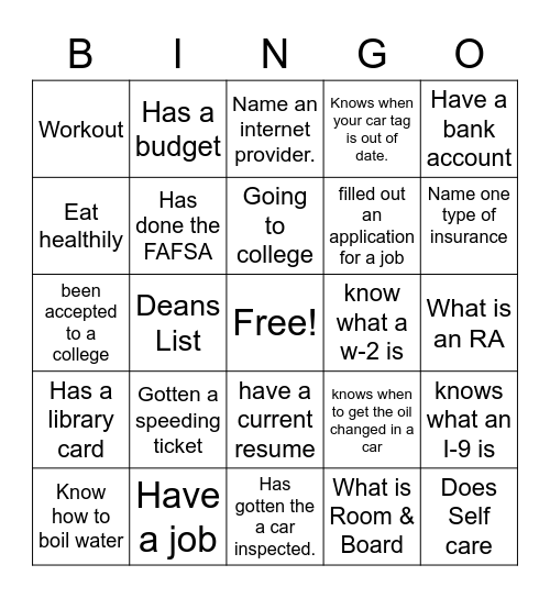 Adulting 101 Bingo Card