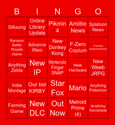 NINTENDO DIRECT Bingo Card