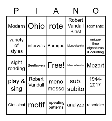 Olympian Music Bingo Card