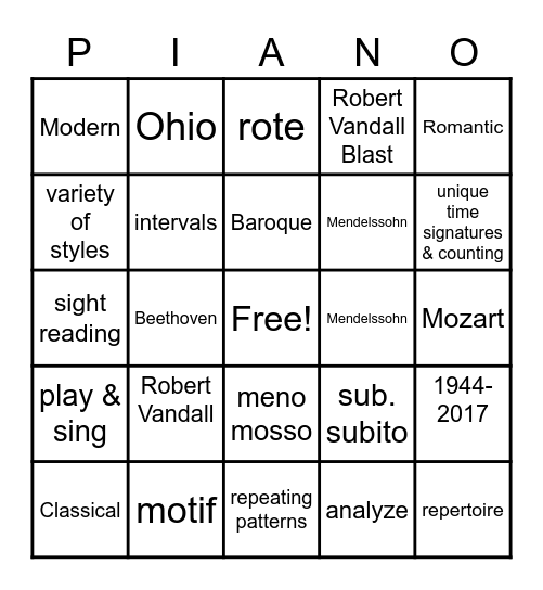 Olympian Music Bingo Card