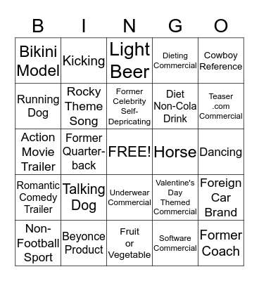 Super Bowl Commercials Bingo Card