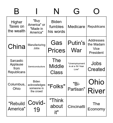 State of the Union 2023 Bingo Card