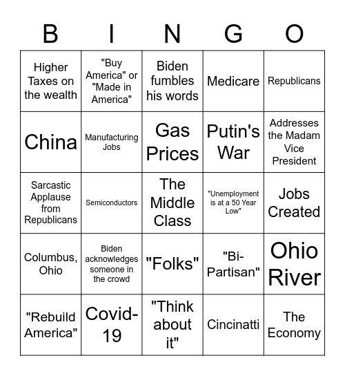 State of the Union 2023 Bingo Card