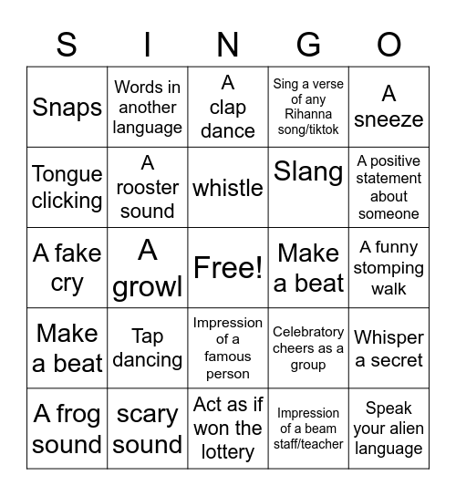 Sound Bingo Card