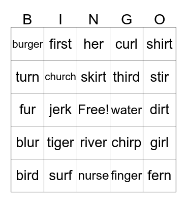 ER, IR and UR Bingo Card