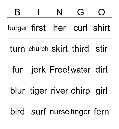 ER, IR and UR Bingo Card