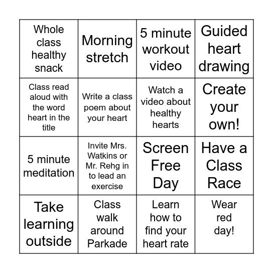 Heart Healthy Bingo Card