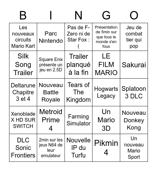 Nintendo Direct 08/02/2023 MrAracn Bingo Card