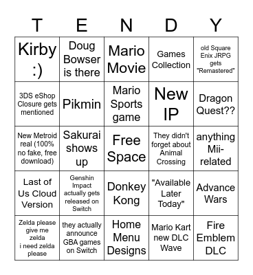 Epic Nintendo Bingo B) Bingo Card