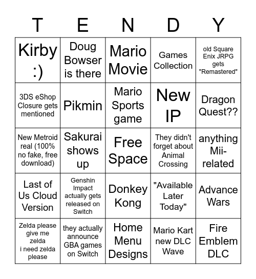 Epic Nintendo Bingo B) Bingo Card