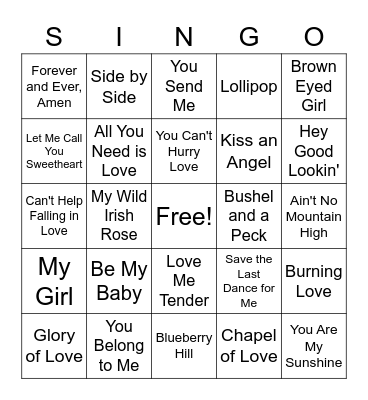 Love Songs Singo Bingo Card