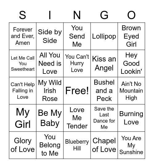 Love Songs Singo Bingo Card
