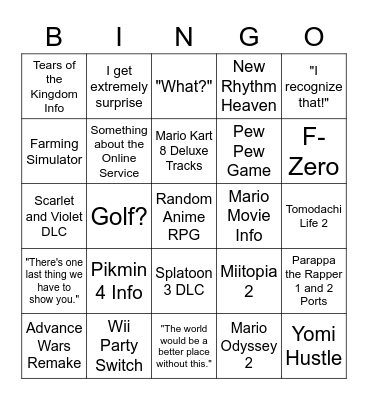 Nintendo Direct Bingo Card