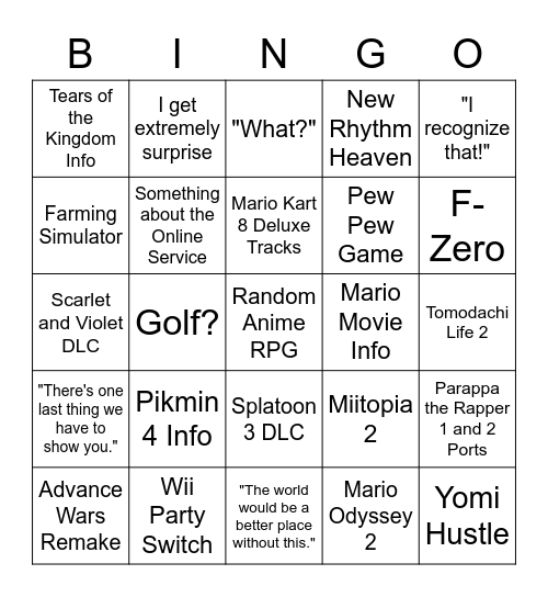 Nintendo Direct Bingo Card