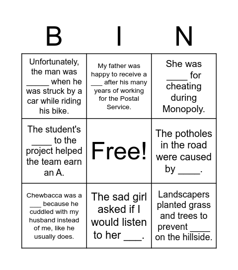 Unit 7, Week 2 Vocabulary Bingo Card