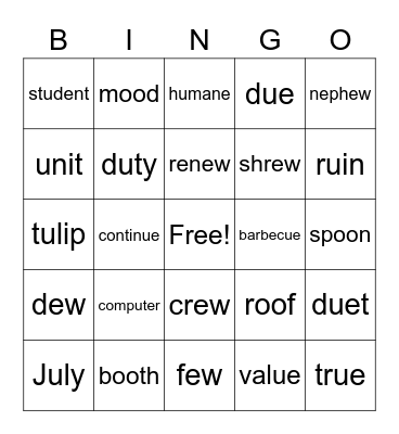 oo=oo ew u u_e ue   u(yoo)= u u_e ew ue Bingo Card