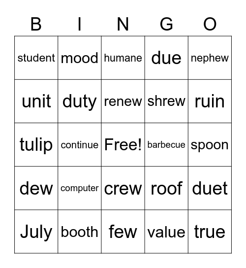 oo=oo ew u u_e ue   u(yoo)= u u_e ew ue Bingo Card