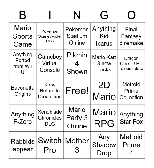 Switch Bingo Card
