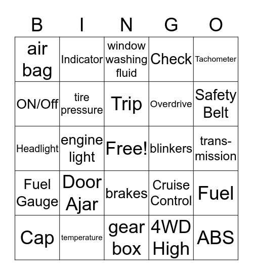 Dash Board Bingo Card