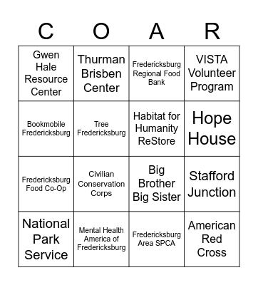 COAR Volunteer Fair, 2/16 CRUC Lobby 11-2 Bingo Card