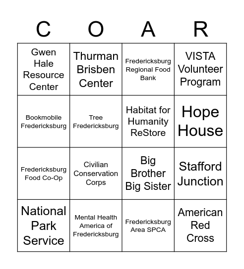 COAR Volunteer Fair, 2/16 CRUC Lobby 11-2 Bingo Card
