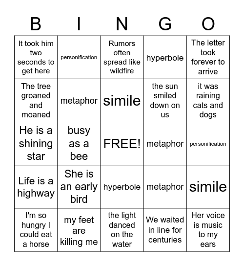 Figurative Language Bingo Card