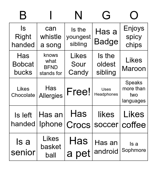 Social Behavior Bingo Card