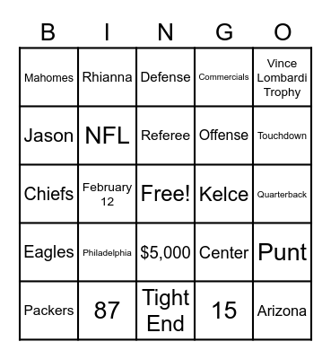 Super Bowl LVII Bingo Card