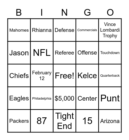 Super Bowl LVII Bingo Card