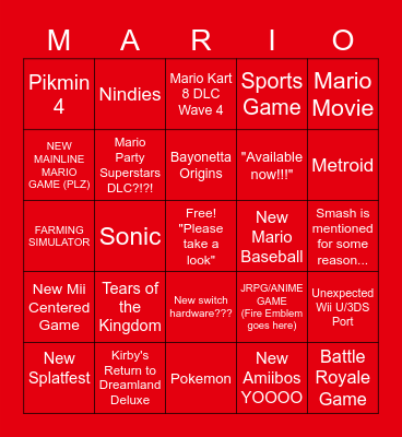 Nintendo Direct Bingo 2/8/23 Bingo Card