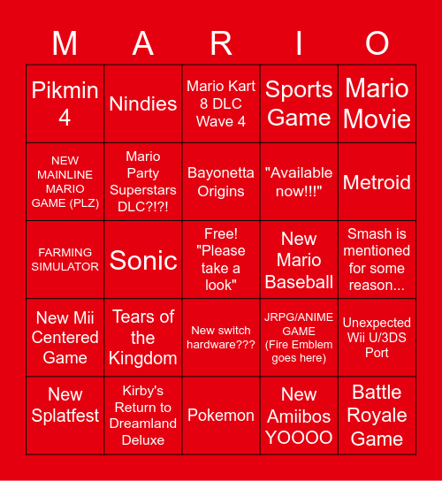 Nintendo Direct Bingo 2/8/23 Bingo Card