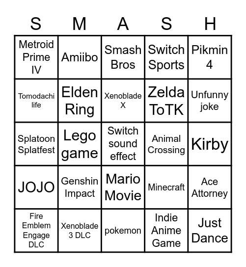 Nintendo Direct 2.8.2023 Bingo Card