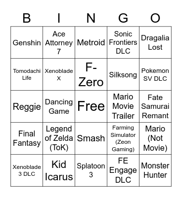 Nintendo Indirect Bingo Card